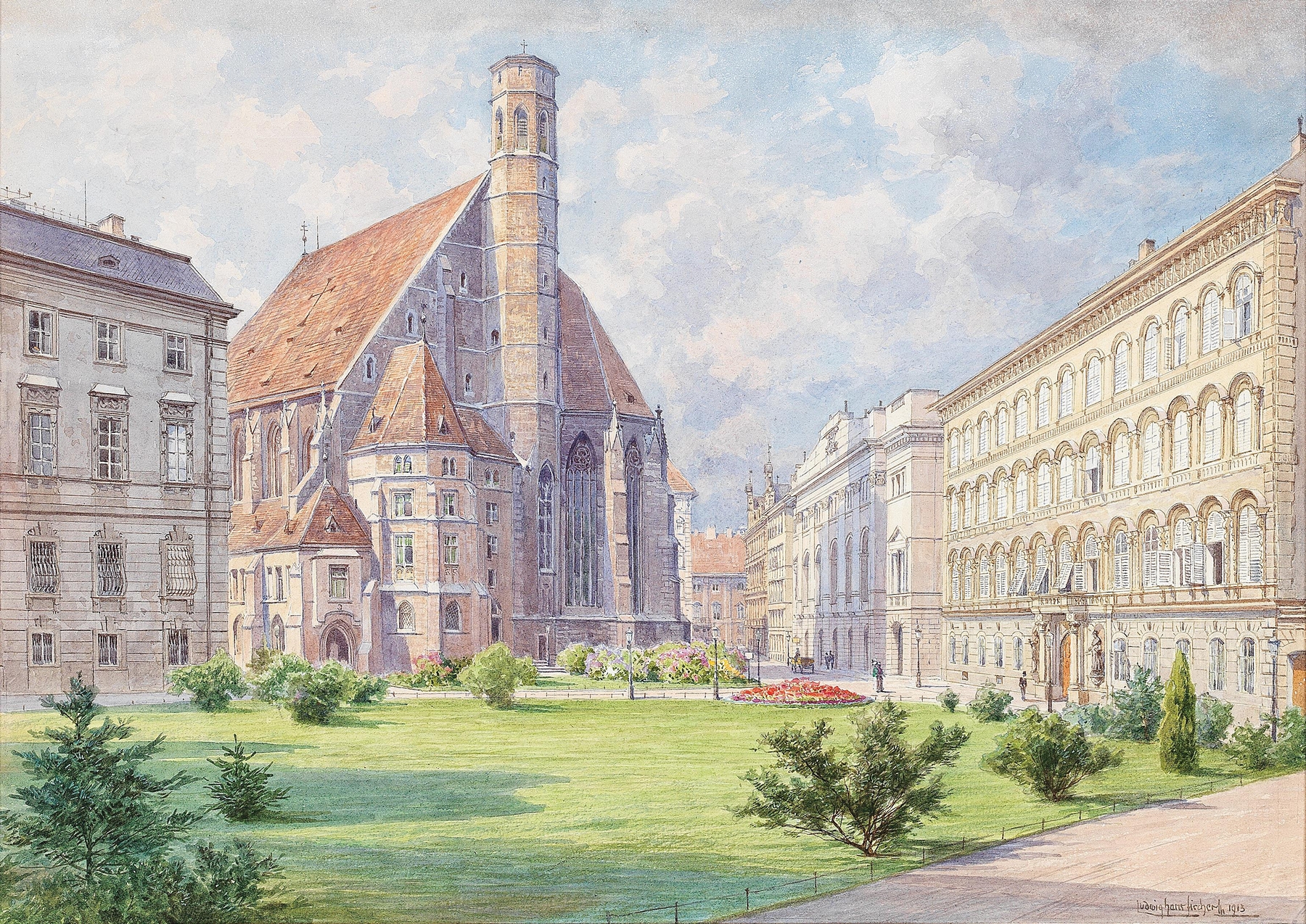 Minoritenkirche in Vienna by Ludwig Hans Fischer, oil on canvas, featuring the church's façade and shadows.