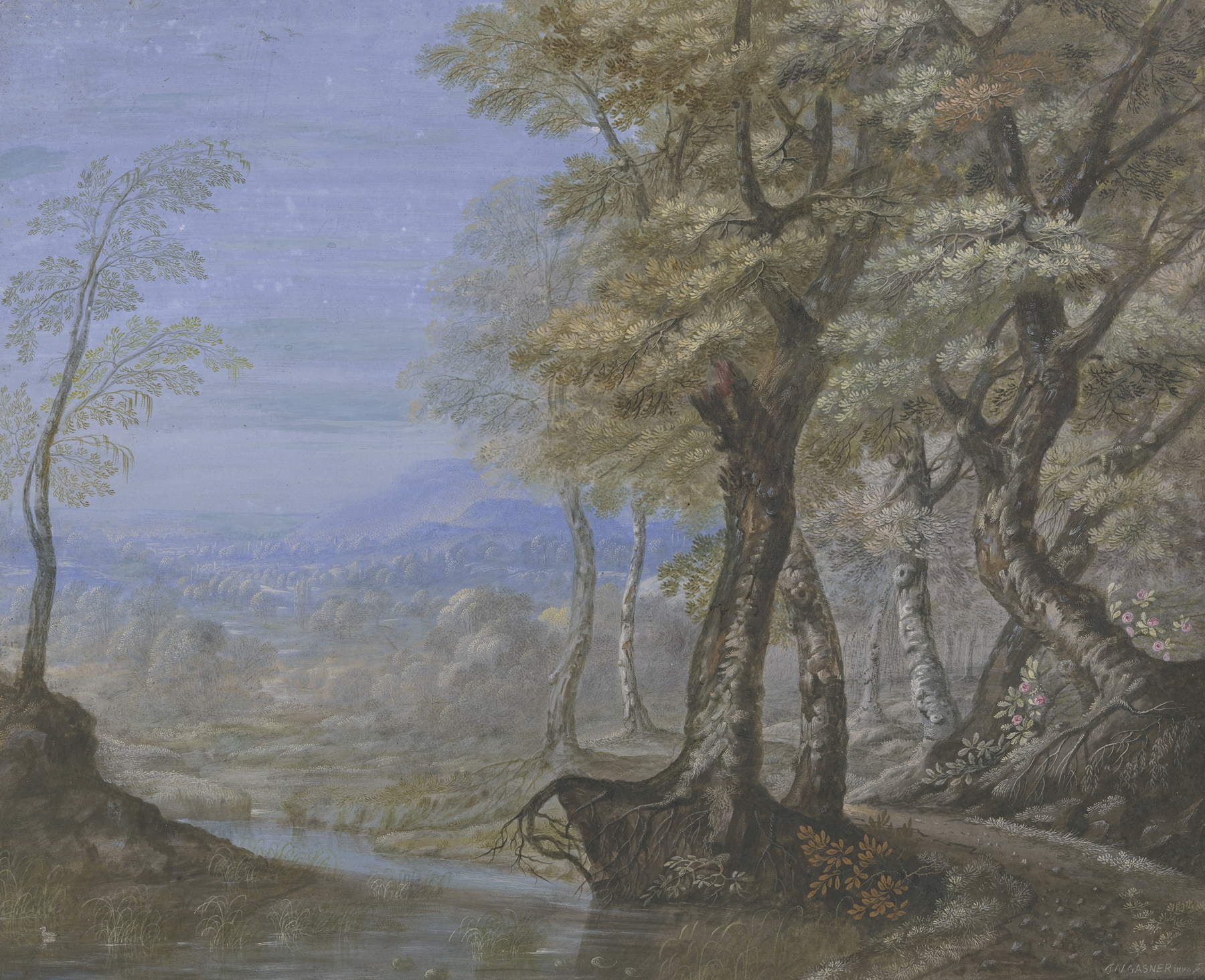 Landscape with beech trees and sunlight by Johann Nikolaus Gassner, medium unknown.