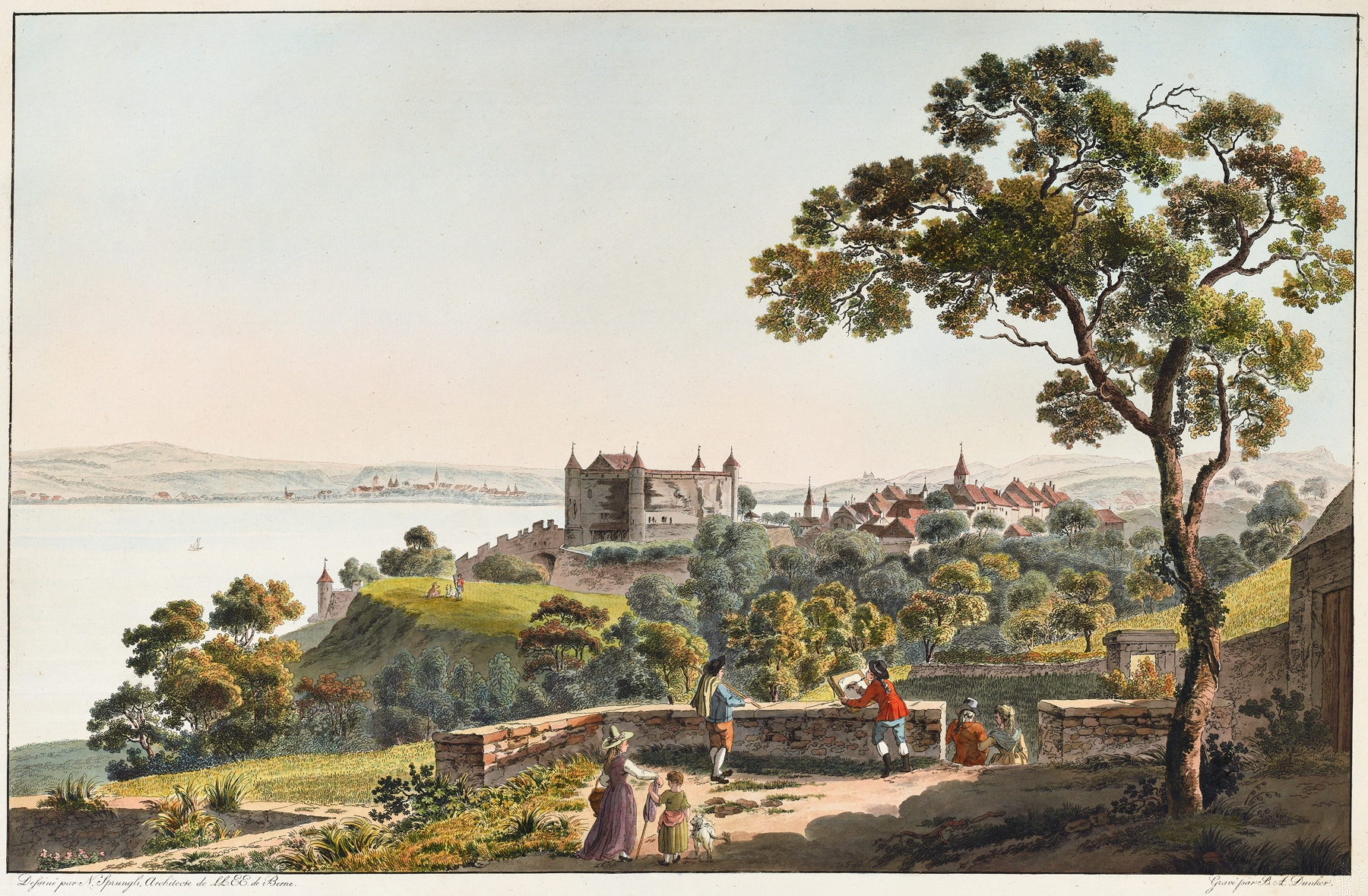 Landscape depicting water and sunset by Niklaus Sprüngli, oil painting
