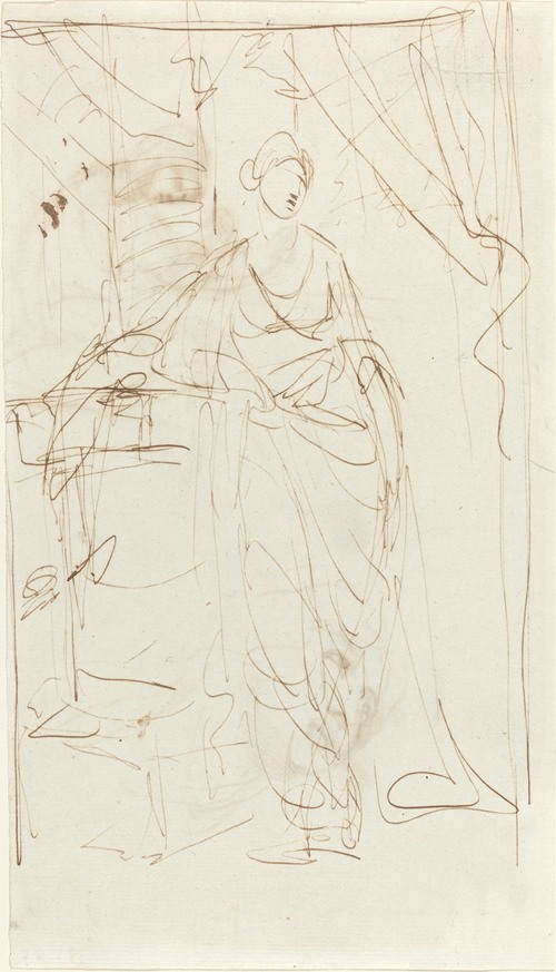 A woman in classical dress stands gracefully against a neutral background.