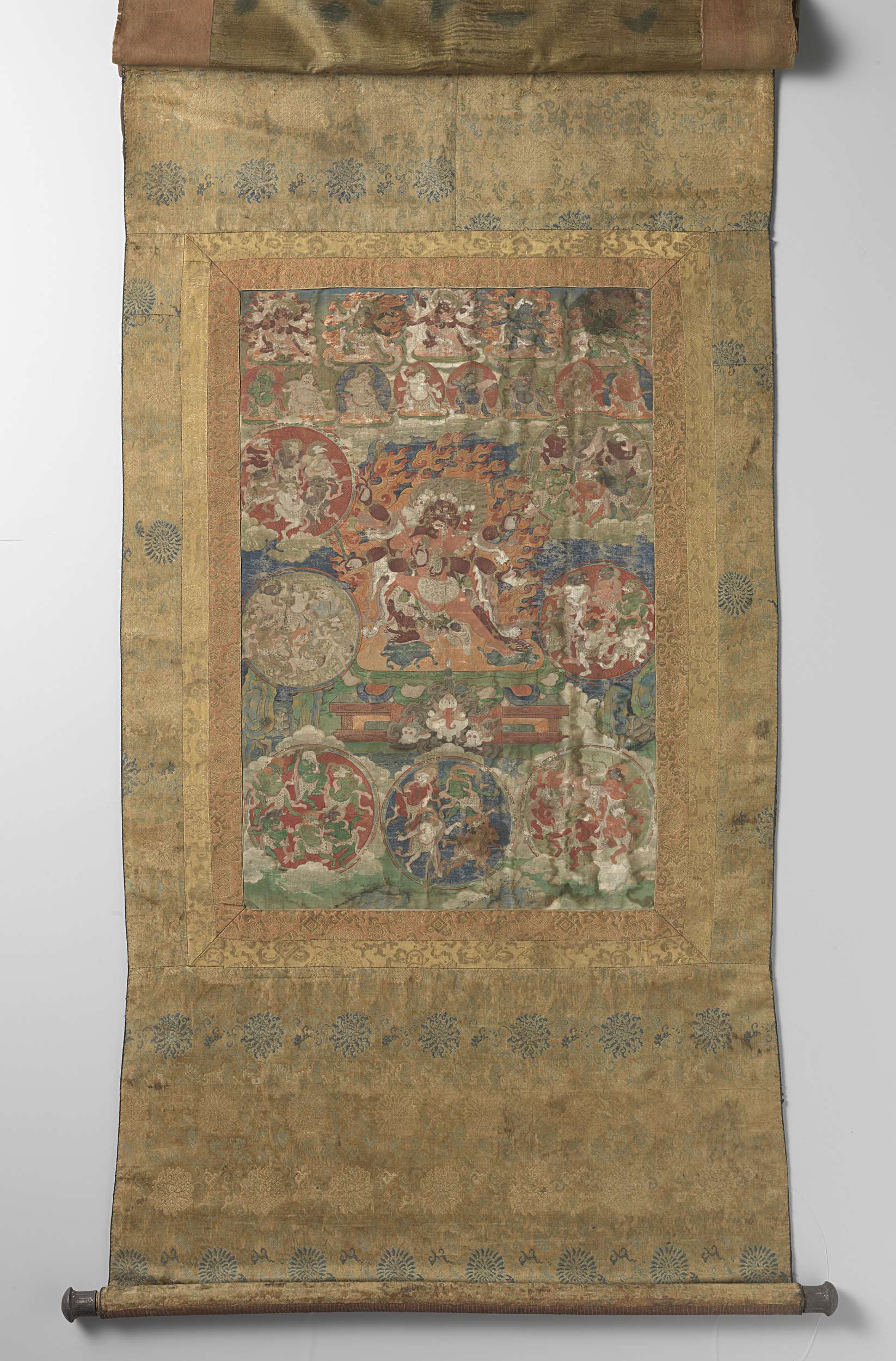 Tangka met goden van de Bardo, ink on silk by Unknown Artist showing celestial beings and the soul's journey.