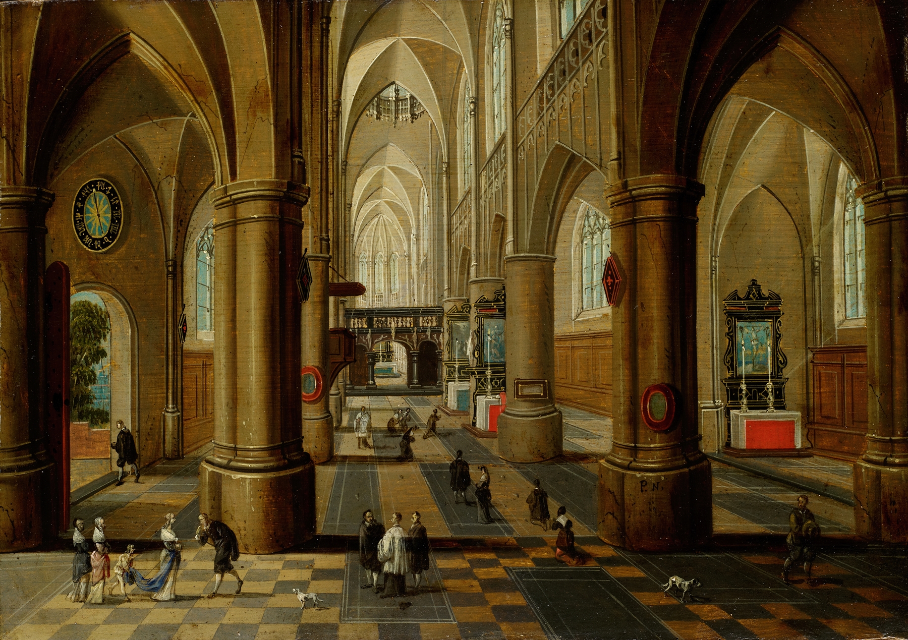 Interior of a Gothic church with arches and stained glass by Pieter Neeffs the Elder
