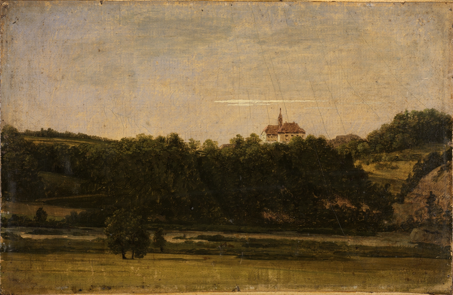 Landscape featuring an ethereal castle among trees, oil painting by Georg Wilhelm Issel.