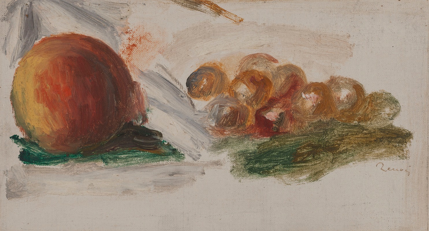 A vibrant still life painting featuring peaches and grapes.
