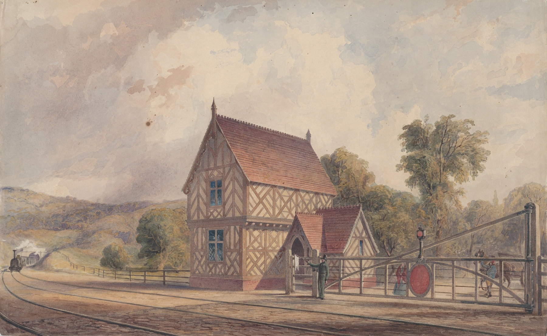 Tudor Style Rural Train Station and Railroad Crossing by John Connell Ogle, Victorian medium