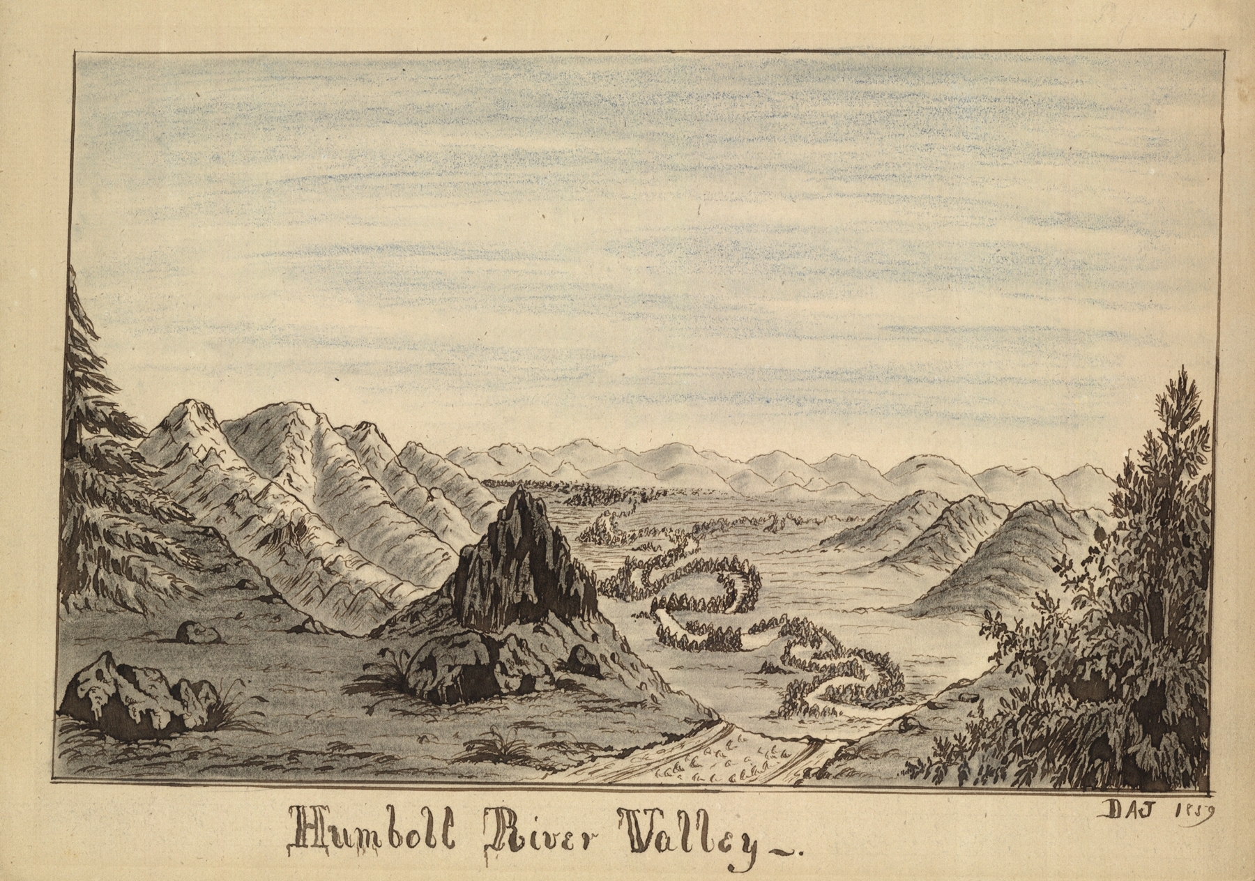 Humbolt River Valley by Daniel A. Jenks, oil painting depicting a river and hills under sunlight