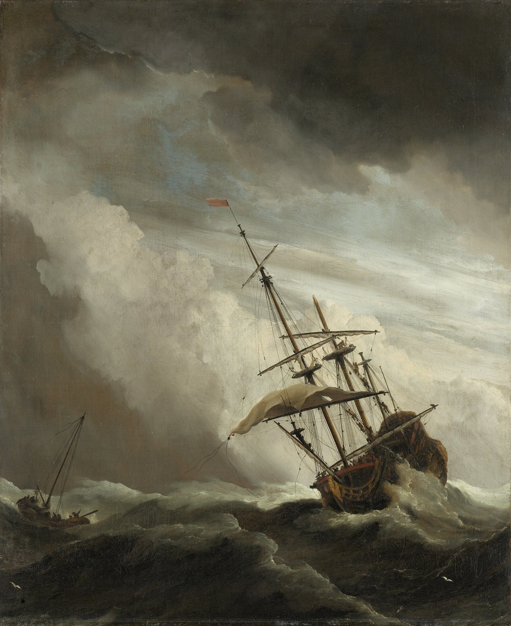 A ship in distress during a storm, oil painting by Willem van de Velde II