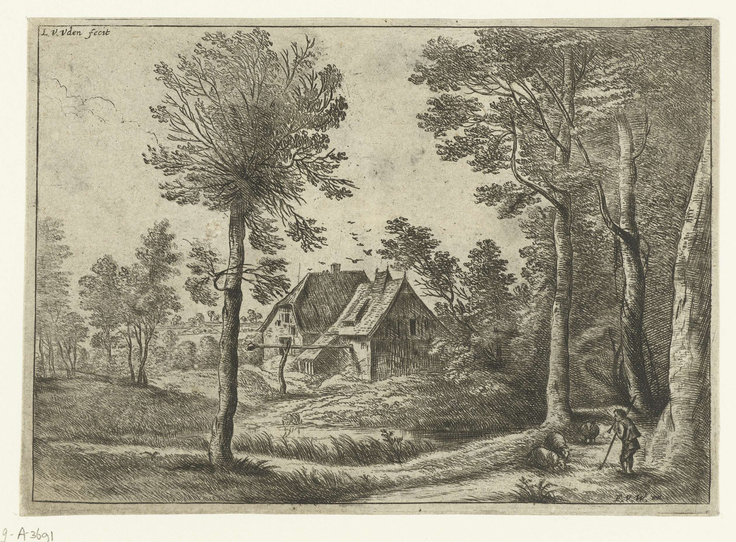 Pastoral landscape with a shepherd playing a shawm, etching by Lucas van Uden