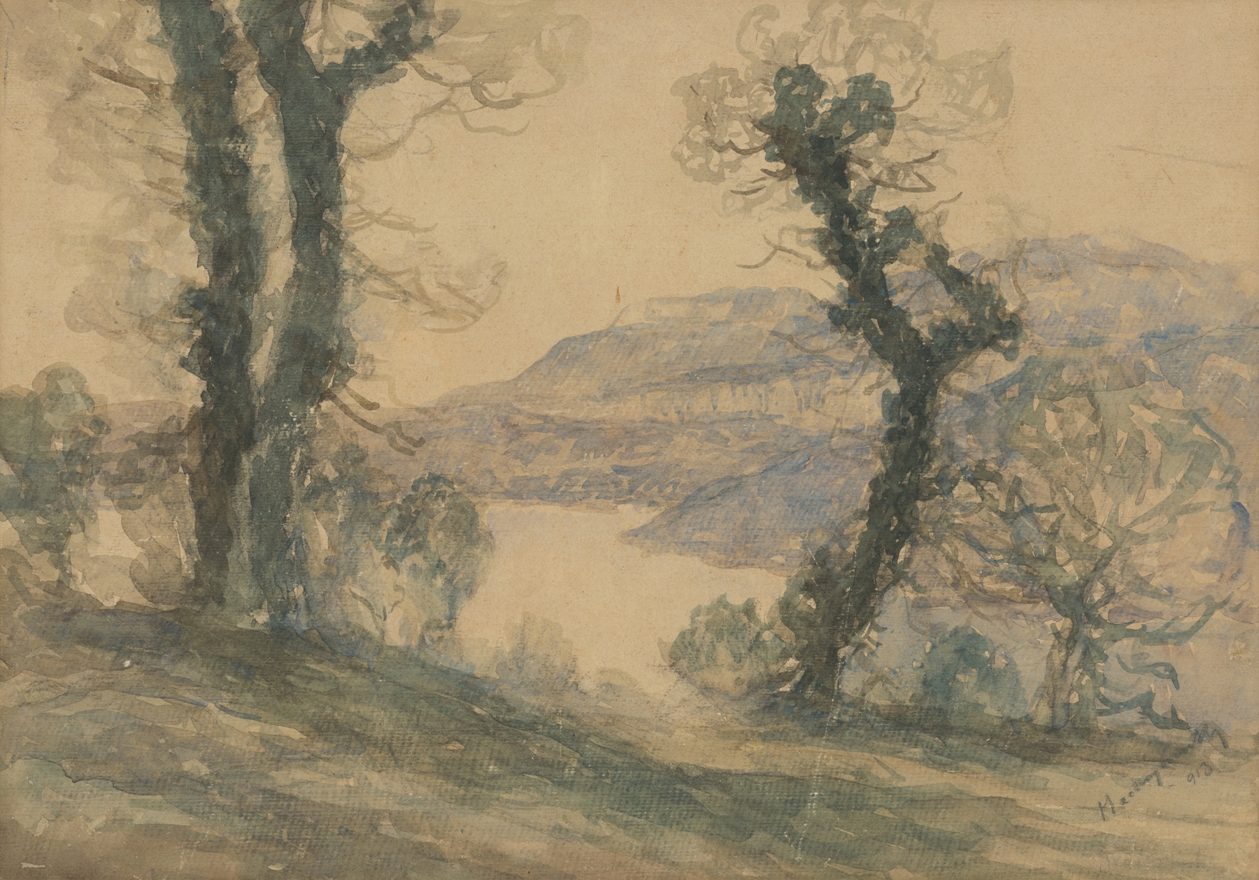 Landscape by Ladislav Mednyánszky, oil on canvas depicting lush greenery and rolling hills.