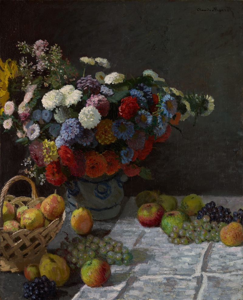 A vibrant still life painting featuring flowers and fruit.