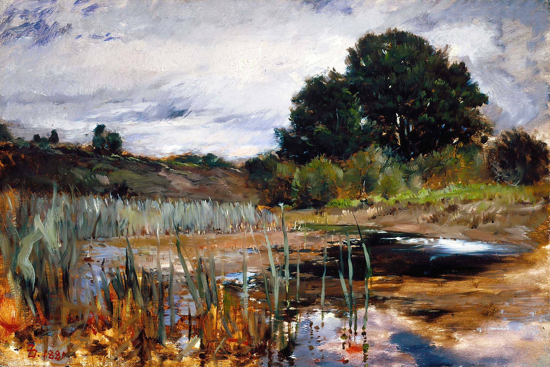 Polling Landscape by Frank Duveneck, oil painting depicting rolling hills and vibrant trees.