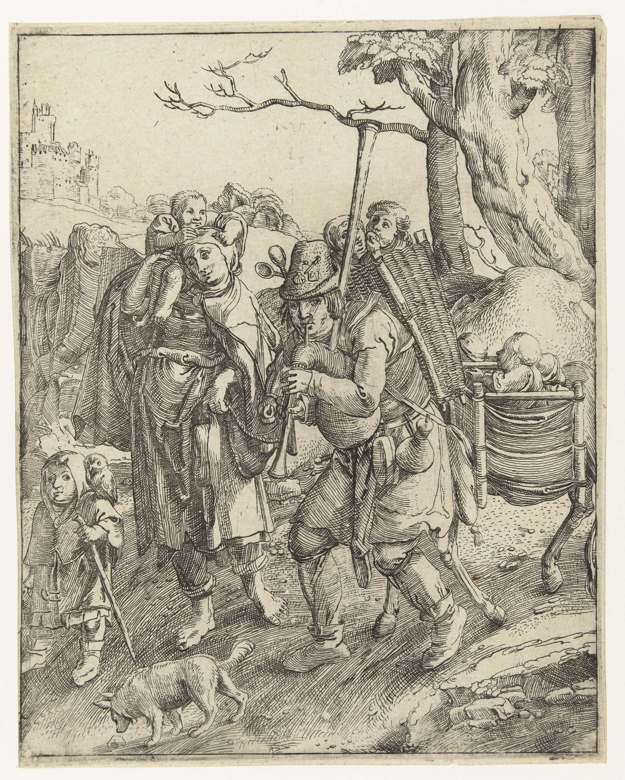 Uilenspiegel: de bedelaarsfamilie, etching by Unknown Artist, depicting a beggar family in intricate detail.