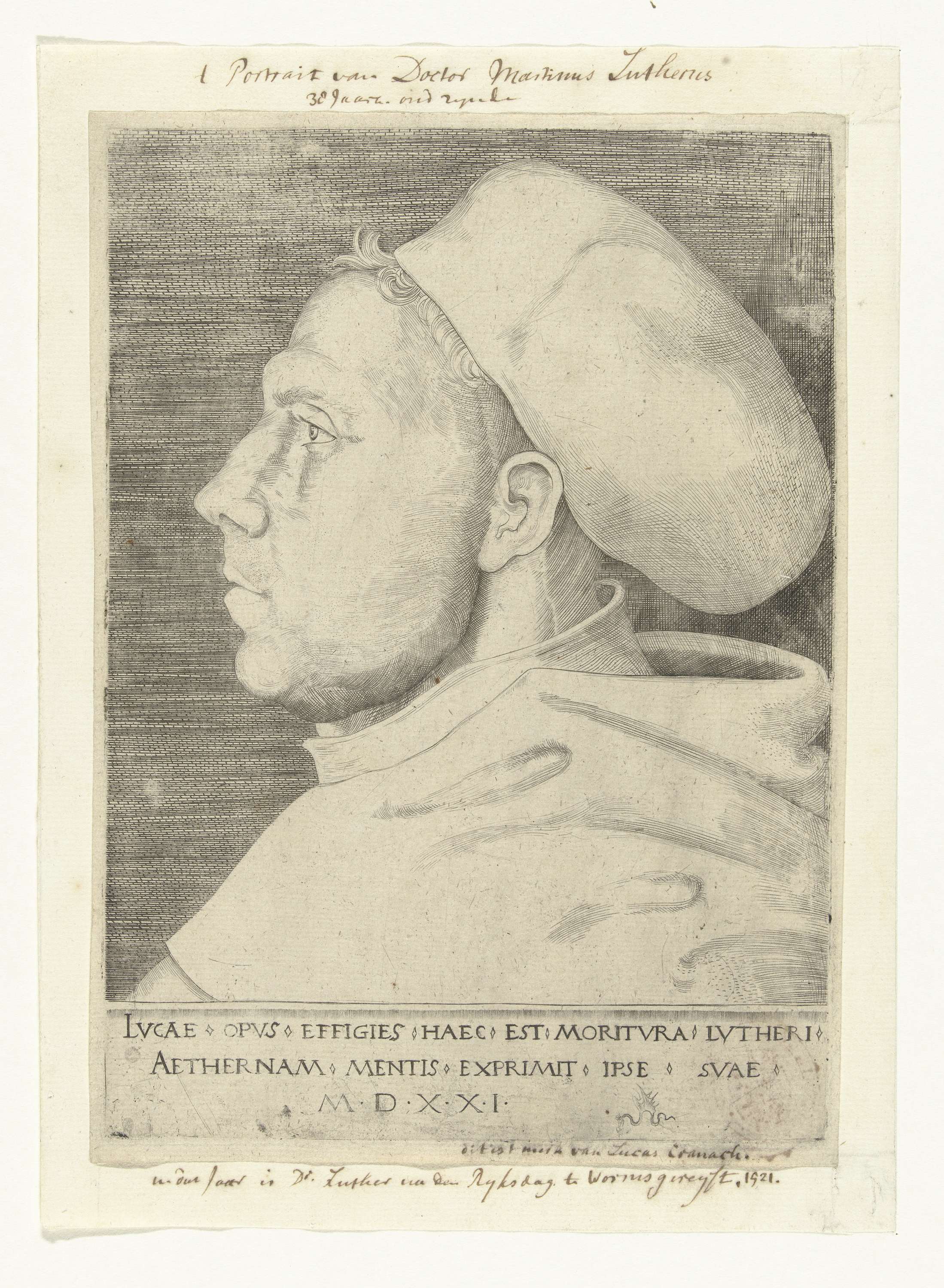 Portret van Martin Luther als Augustijner monnik met doctorshoed, by Lucas Cranach (I), public domain
