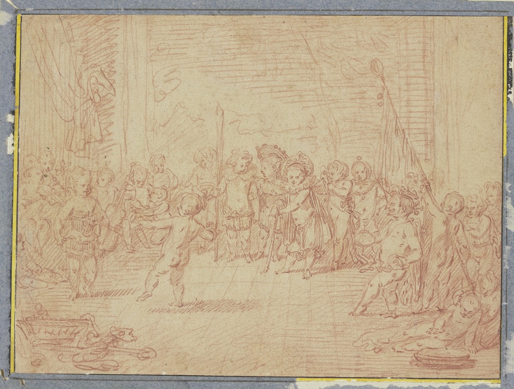 This painting depicts children parodying a ball during winter.