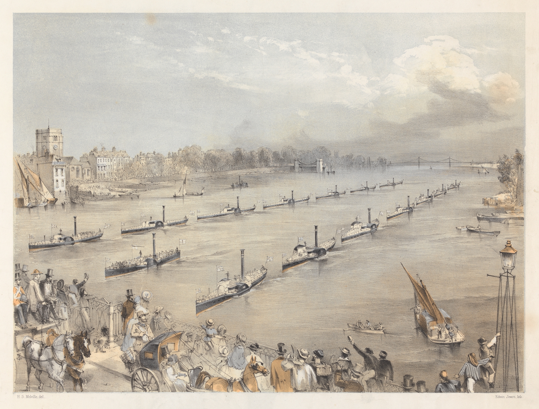 Fleet of boats on the river with a distant skyline, by Harden Sidney Melville, 1850