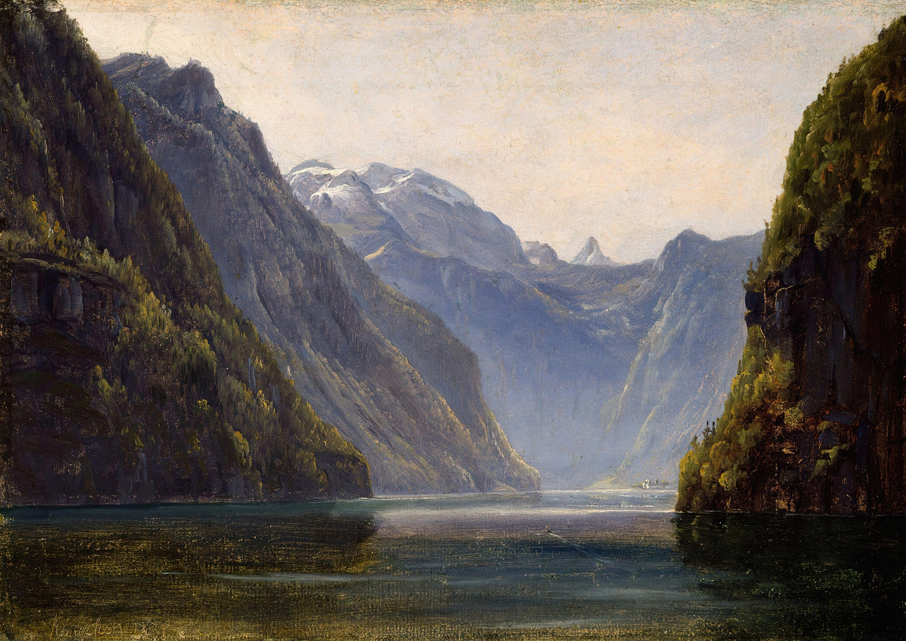 From Königssee by Thomas Fearnley, oil painting depicting serene waters and mountains.