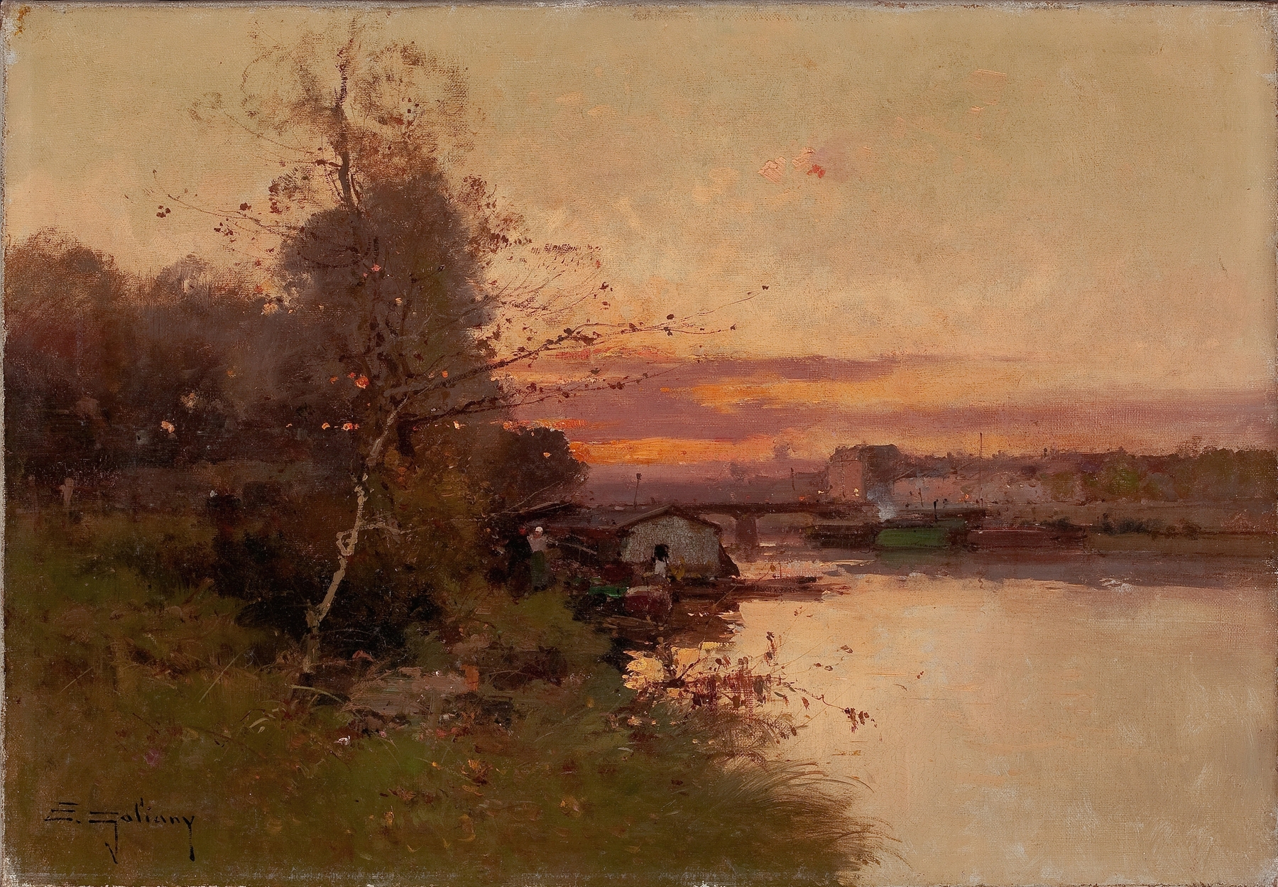 River at Sunset, oil on canvas by Eugène Galien-Laloue, depicting a tranquil sunset landscape.