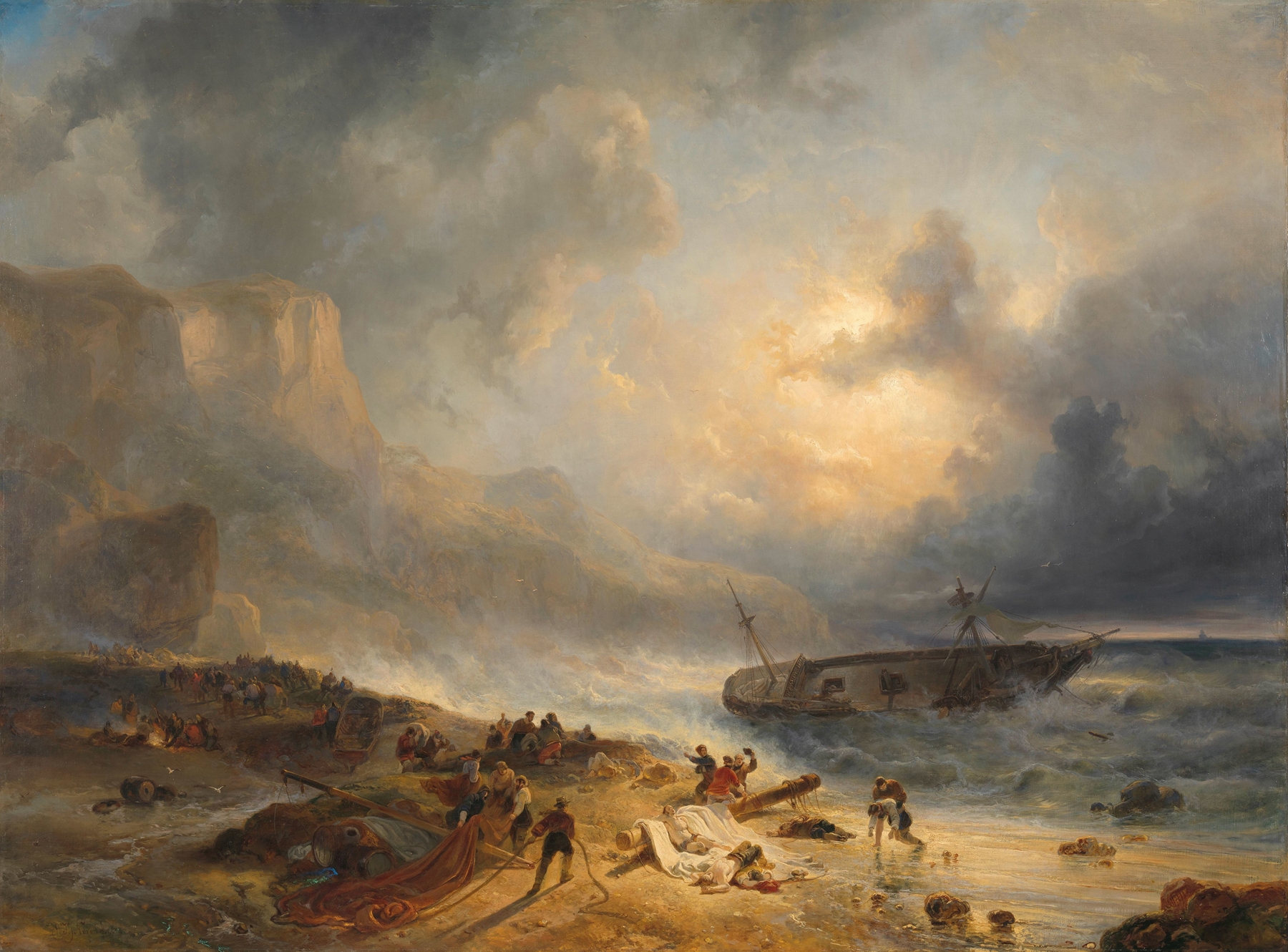 Shipwreck off a Rocky Coast by Wijnand Nuijen, oil painting depicting a shipwreck on a rocky shore