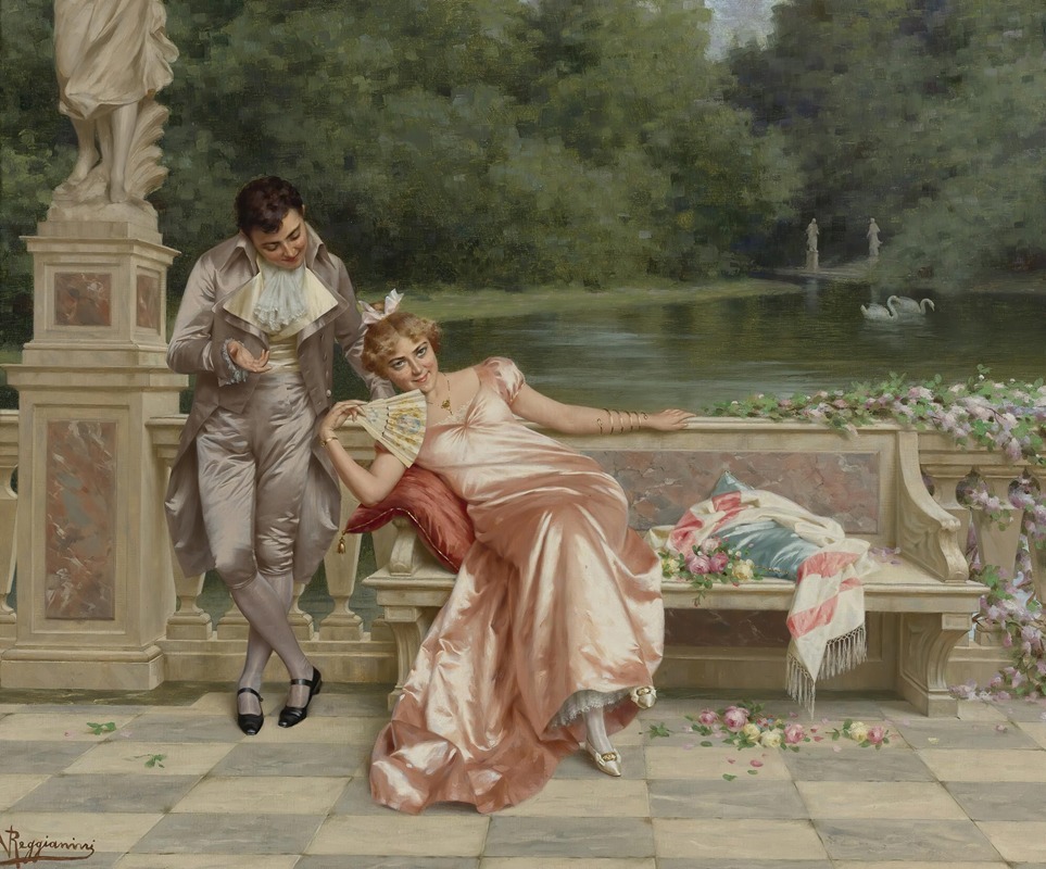 A charming scene of flirtation between a man and a woman in a lavish interior.
