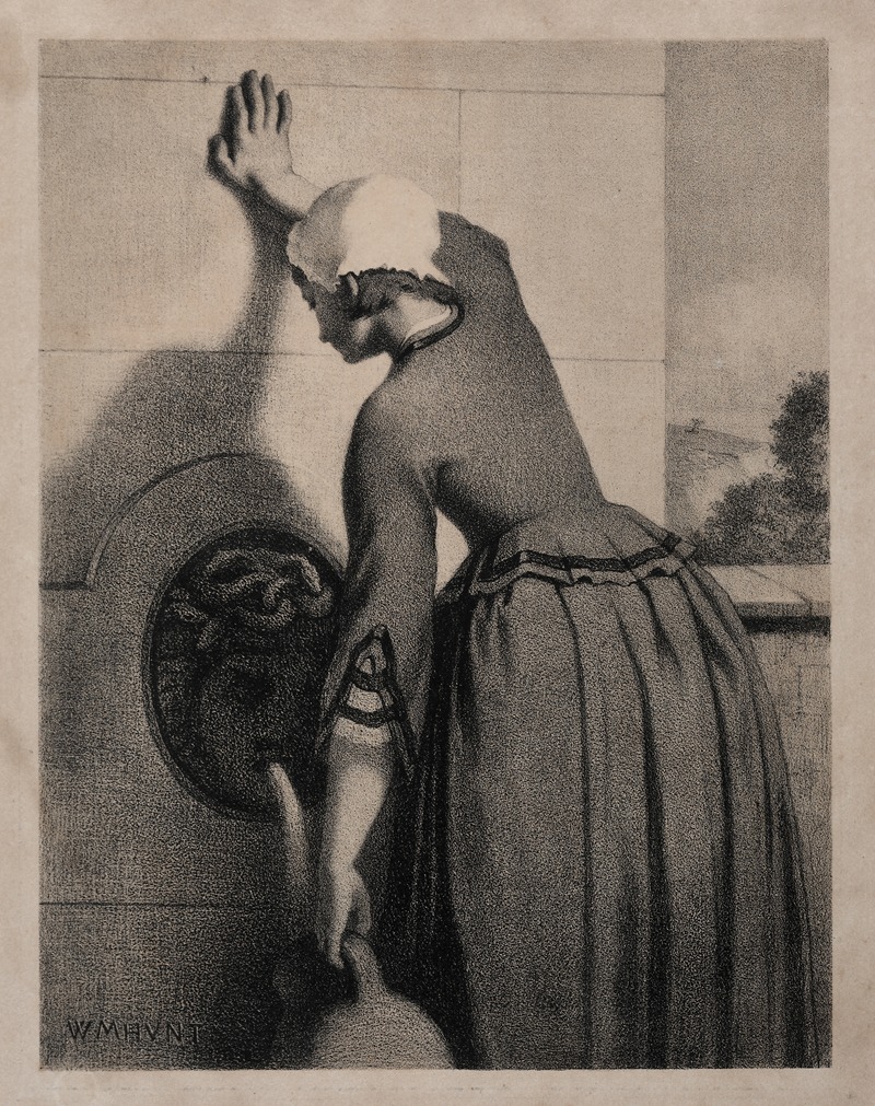 A depiction of women drawing water from a well in a serene setting.