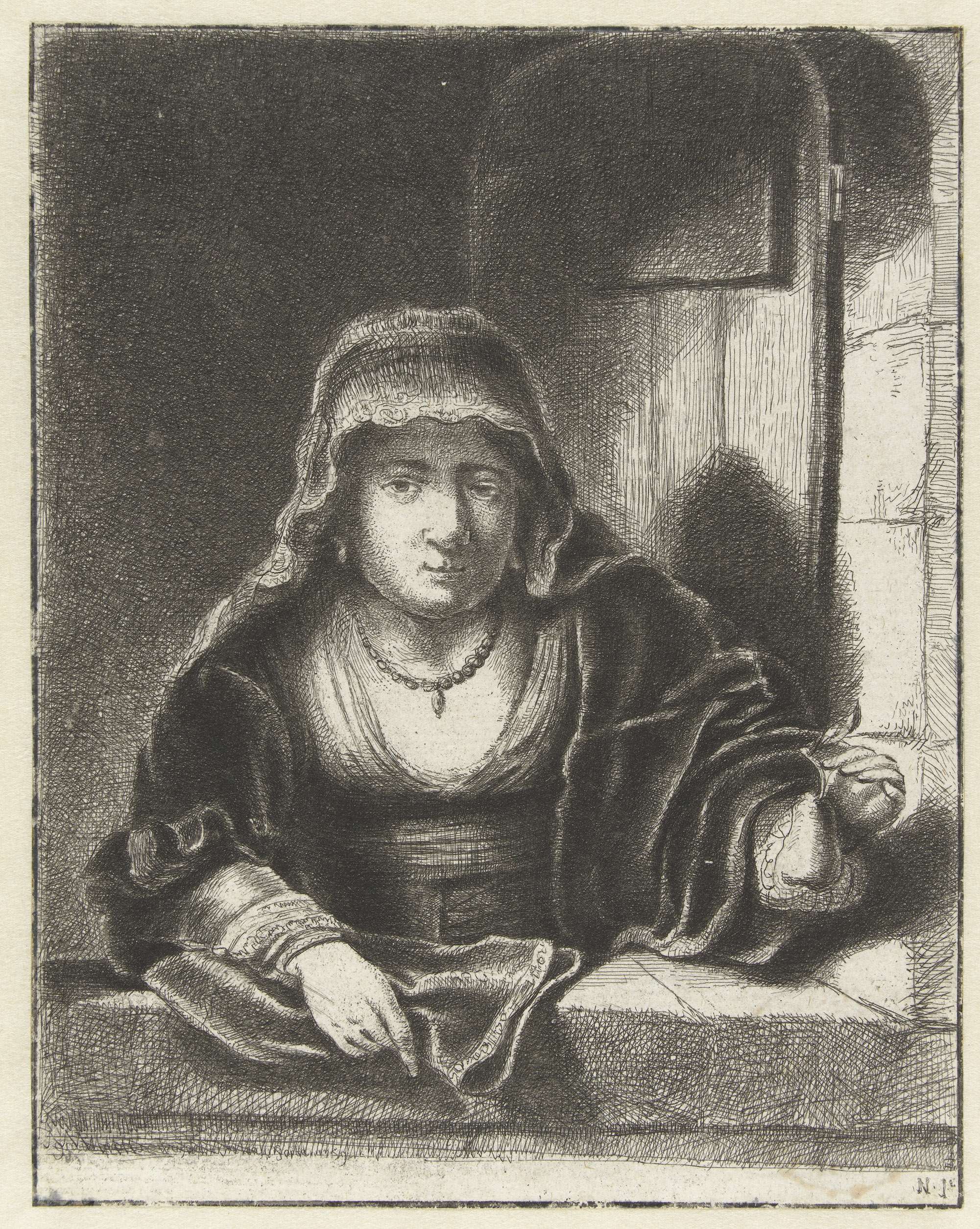 Portrait of a young woman holding a pear, etching by Unknown Artist