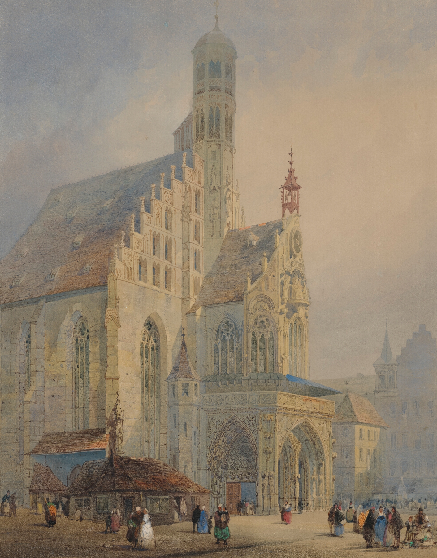 Nuremberg by Thomas Shotter Boys, oil on canvas depicting a twilight cityscape with Gothic architecture.