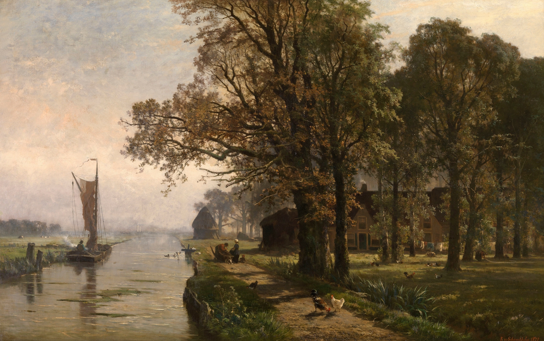 Souvenir of Gouda, oil on canvas by Edmond de Schampheleer, featuring a figure by the river.