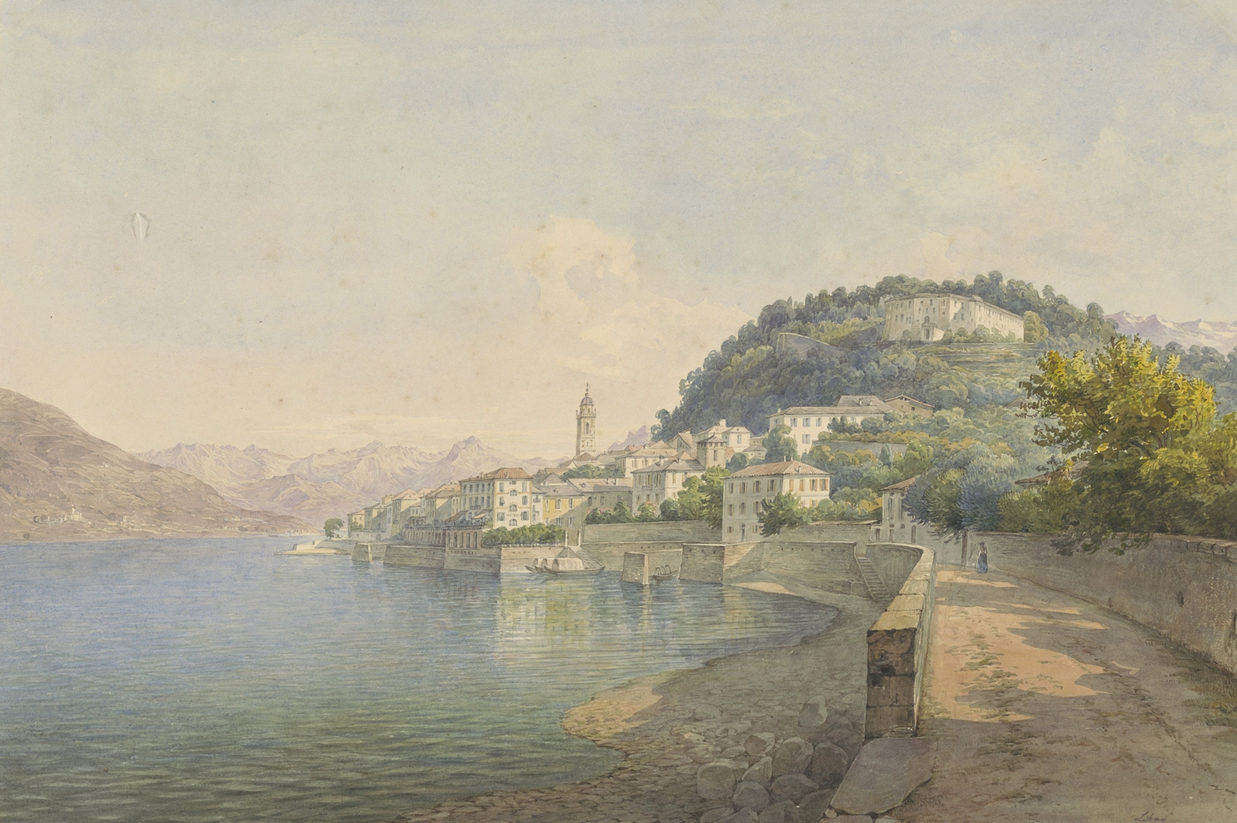 Landscape oil painting by Karoly Lajos Libay depicting a lake at sunset with mountains and reflections.