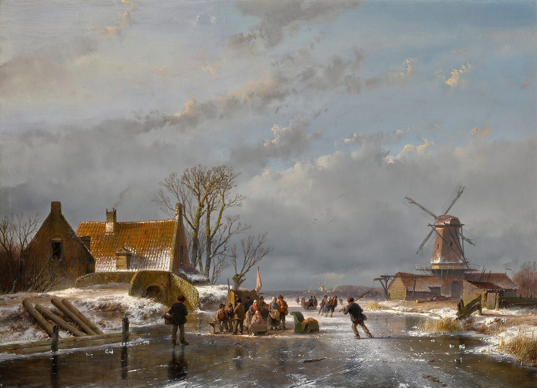 Winter landscape with skaters and a koek-en-zopie, by Andreas Schelfhout, public domain