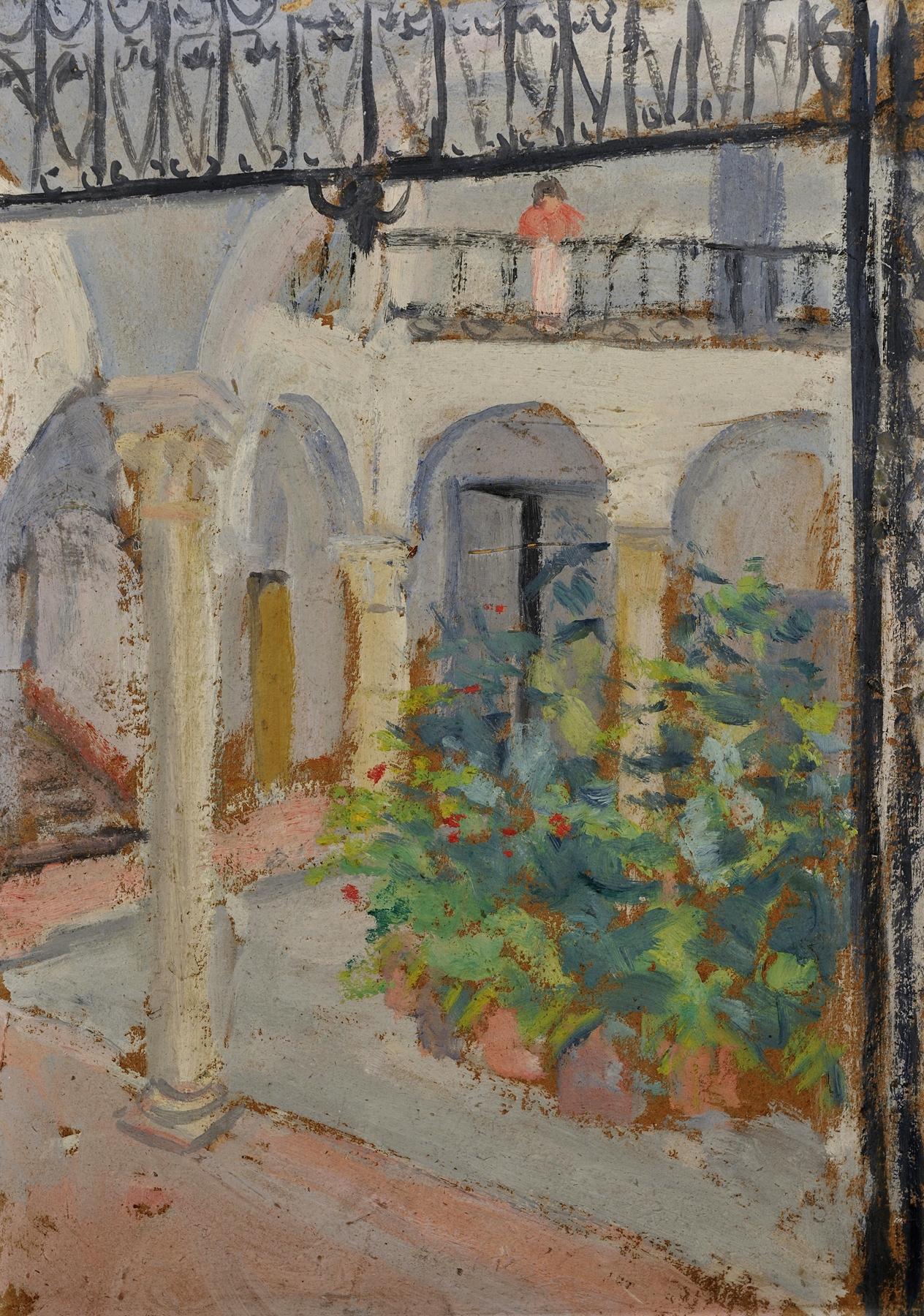 Arcaded Courtyard in a Spanish House, oil on canvas by Ernst Schiess, featuring arches and tiled floor.