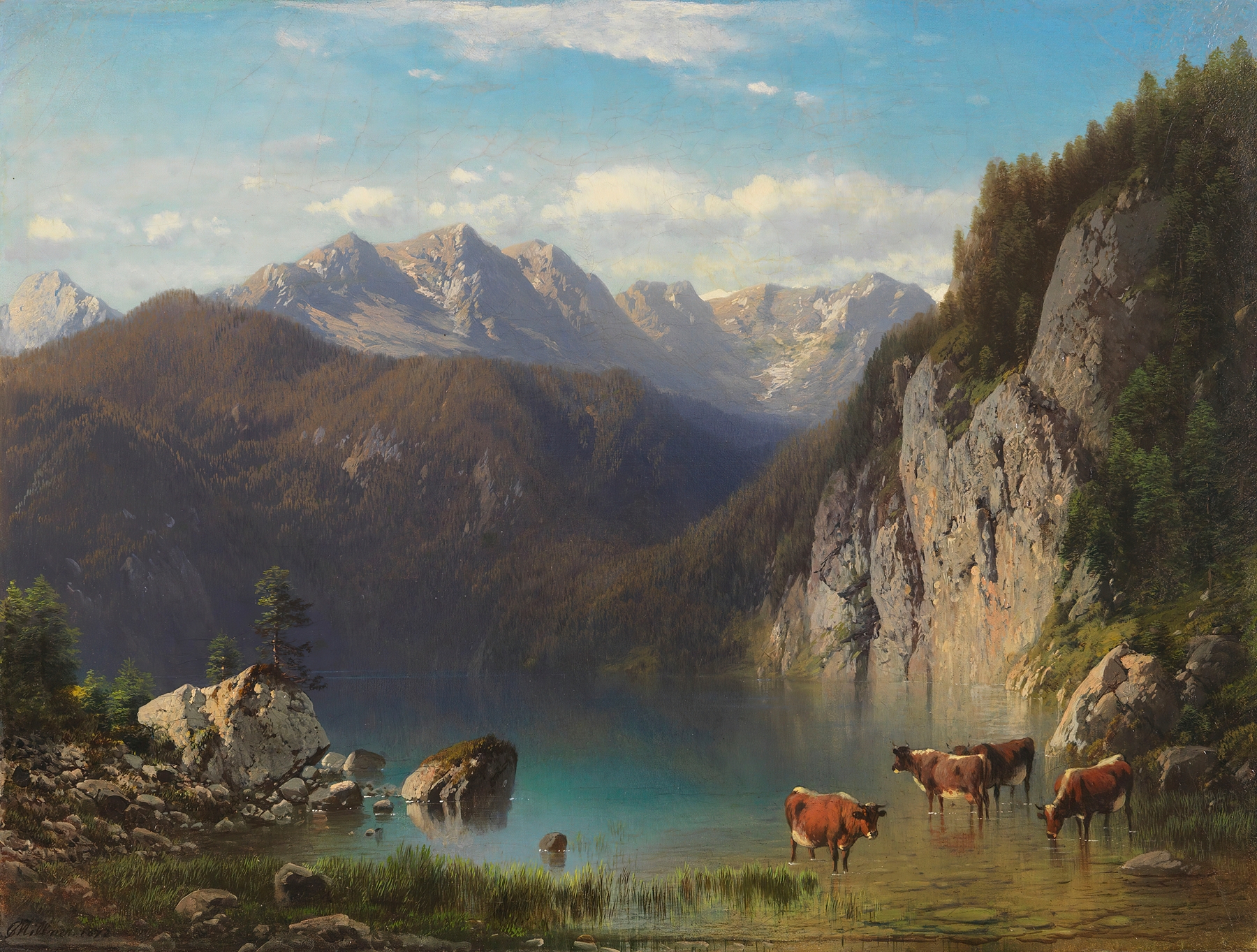 Der Alpsee bei Hohenschwangau by Carl Millner, oil on canvas, depicting a tranquil lake and mountains