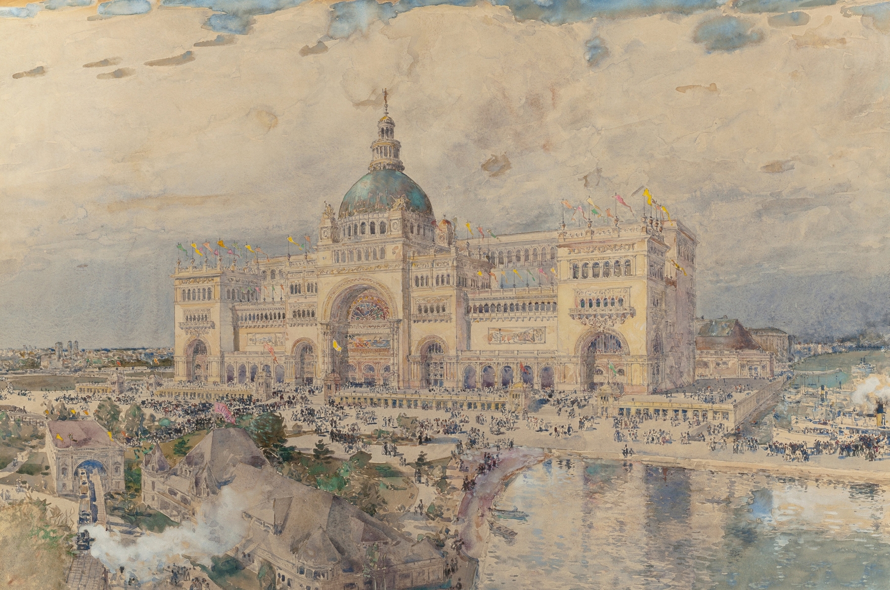 The MacKaye Spectatorium with Iowa Pavilion, oil painting by Childe Hassam