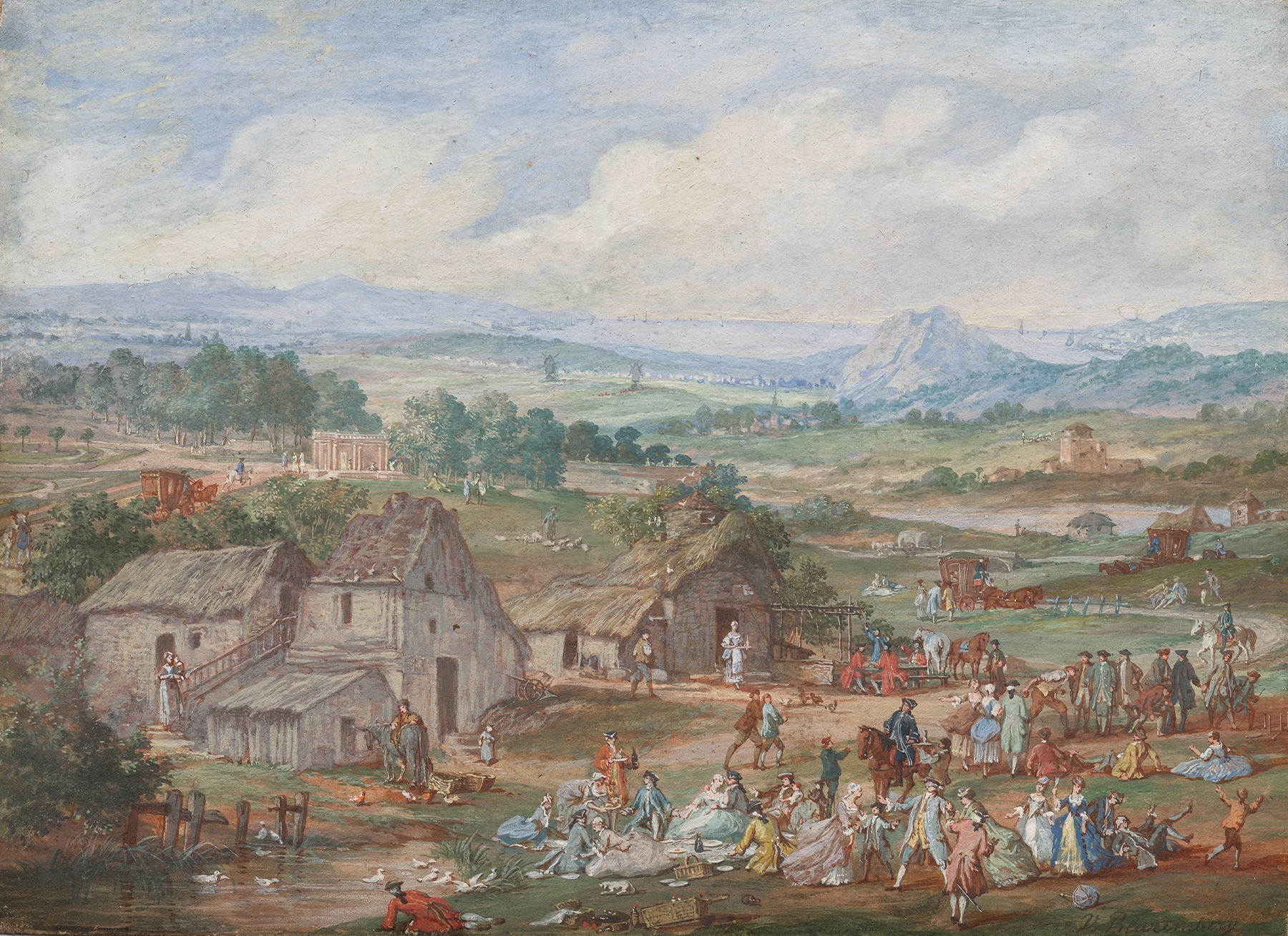 A Party Picnicking Near a Village, oil on canvas by Louis-Nicolas van Blarenberghe depicting a joyful gathering.