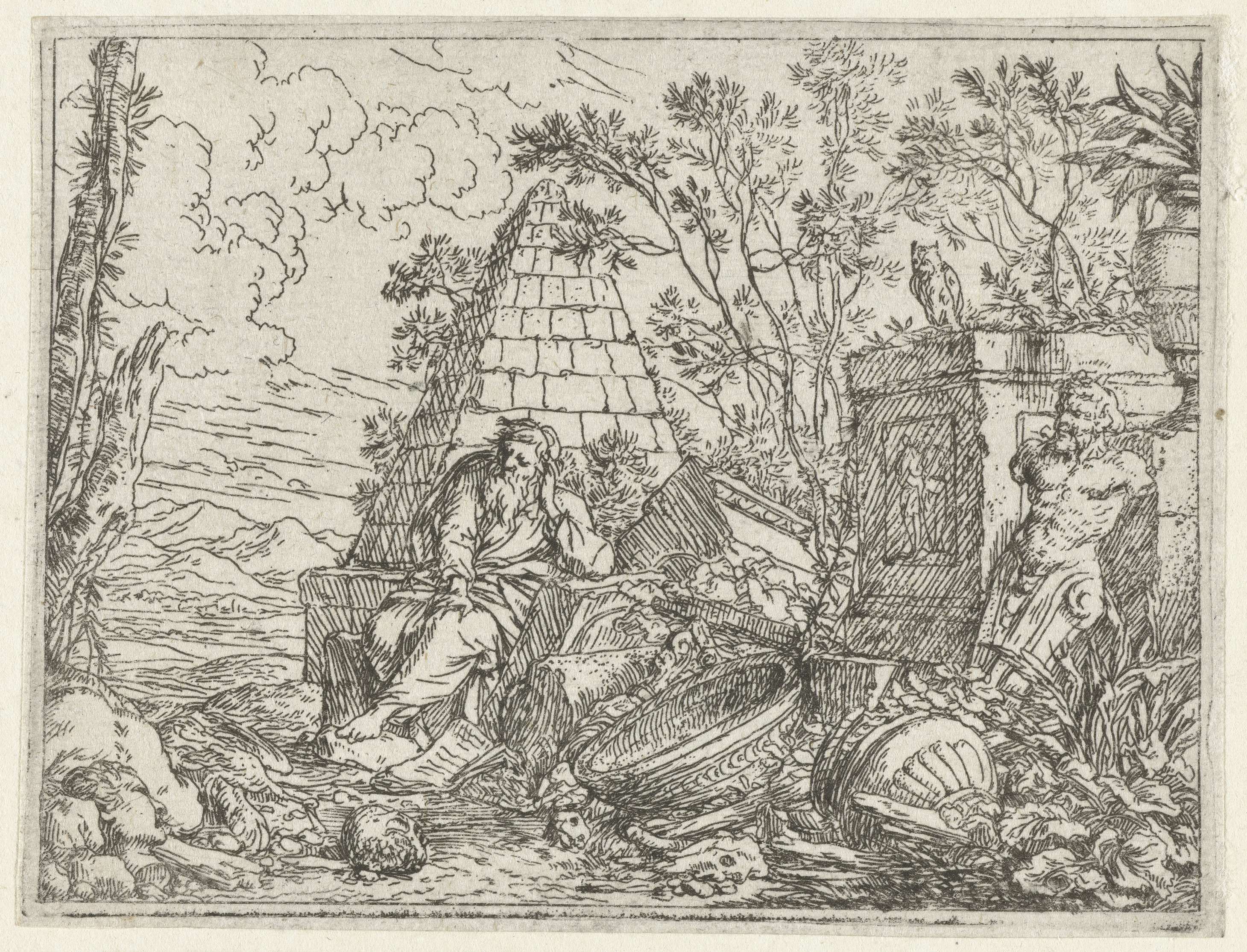 Etching of Democritus by Jonas Umbach, depicting contemplation and soft light.