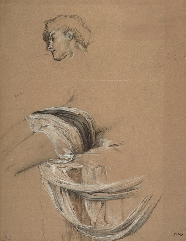 A detailed study of a man's draped waist and head by Herbert James Draper.