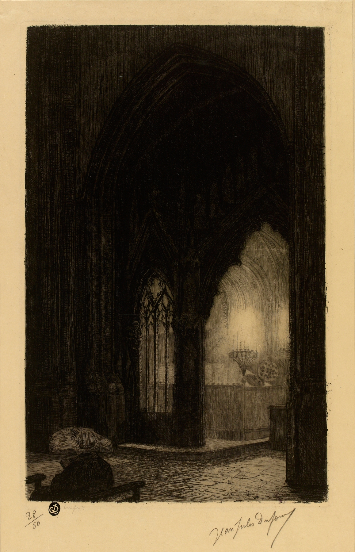 Interior of a church with stained glass, oil on canvas by Jean-Jules Dufour