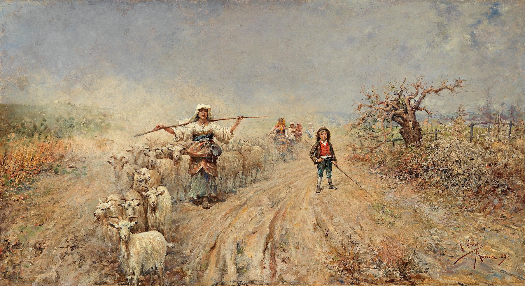 Rafael Senet y Perez oil painting depicting a farmer with sheep in a tranquil landscape