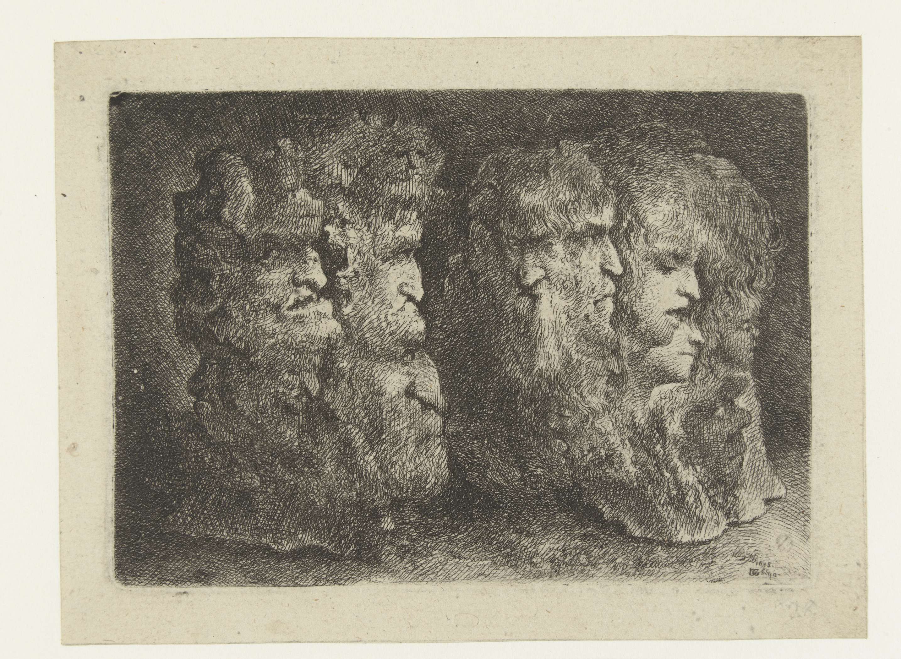 Verschillende koppen van mannen, dieren en mascarons etching by Bartholomeus Breenbergh