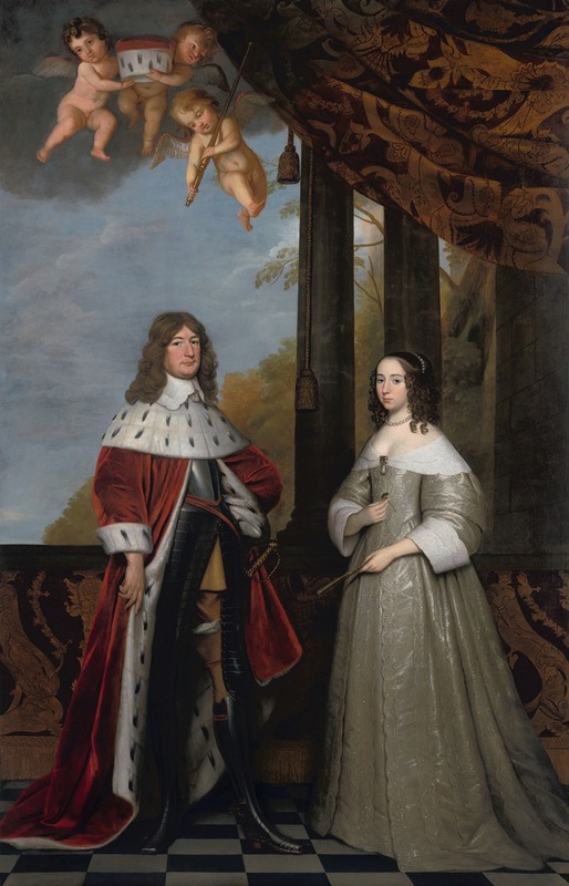 This painting depicts Friedrich Wilhelm, Elector of Brandenburg, and his wife Louise Henriette in a formal portrait.