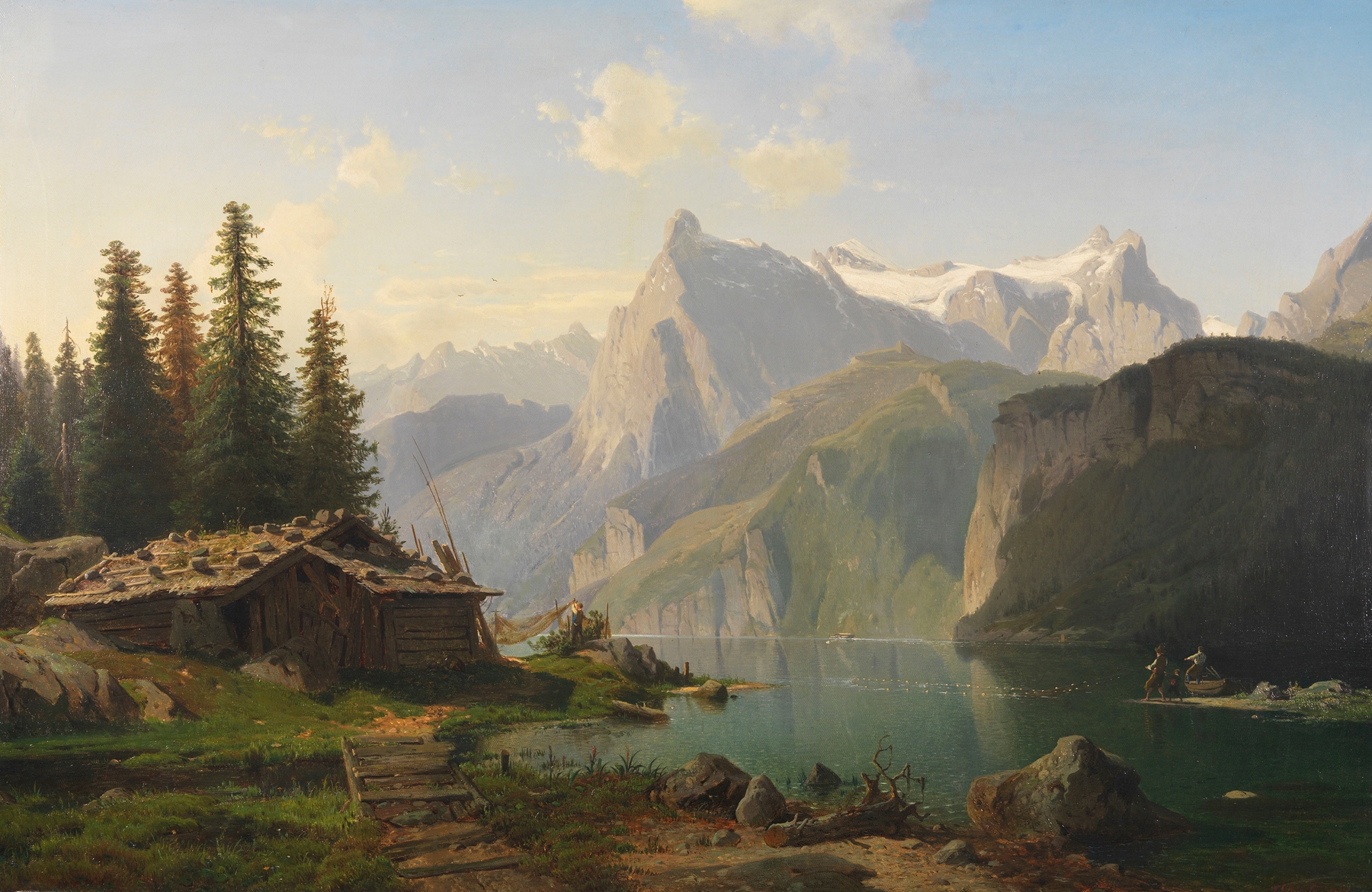 Oil painting by Johannes Bartholomäus Duntze depicting a tranquil lake and mountains at twilight