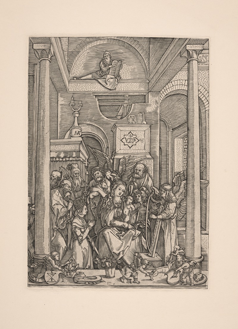 This painting depicts the Virgin Mary surrounded by angels and saints.