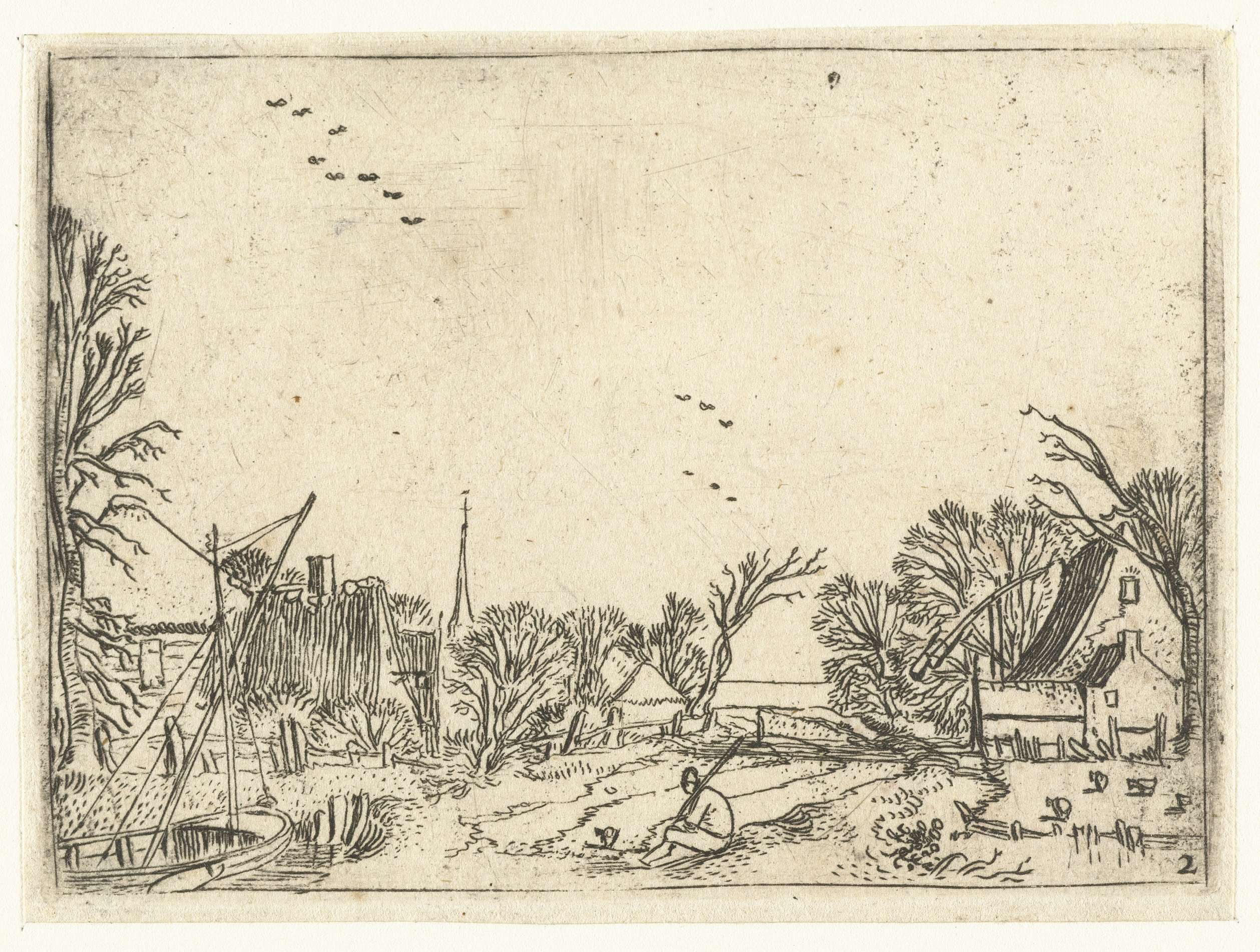 Dorp etching by Esaias van de Velde depicting a tranquil village with rooftops and afternoon light