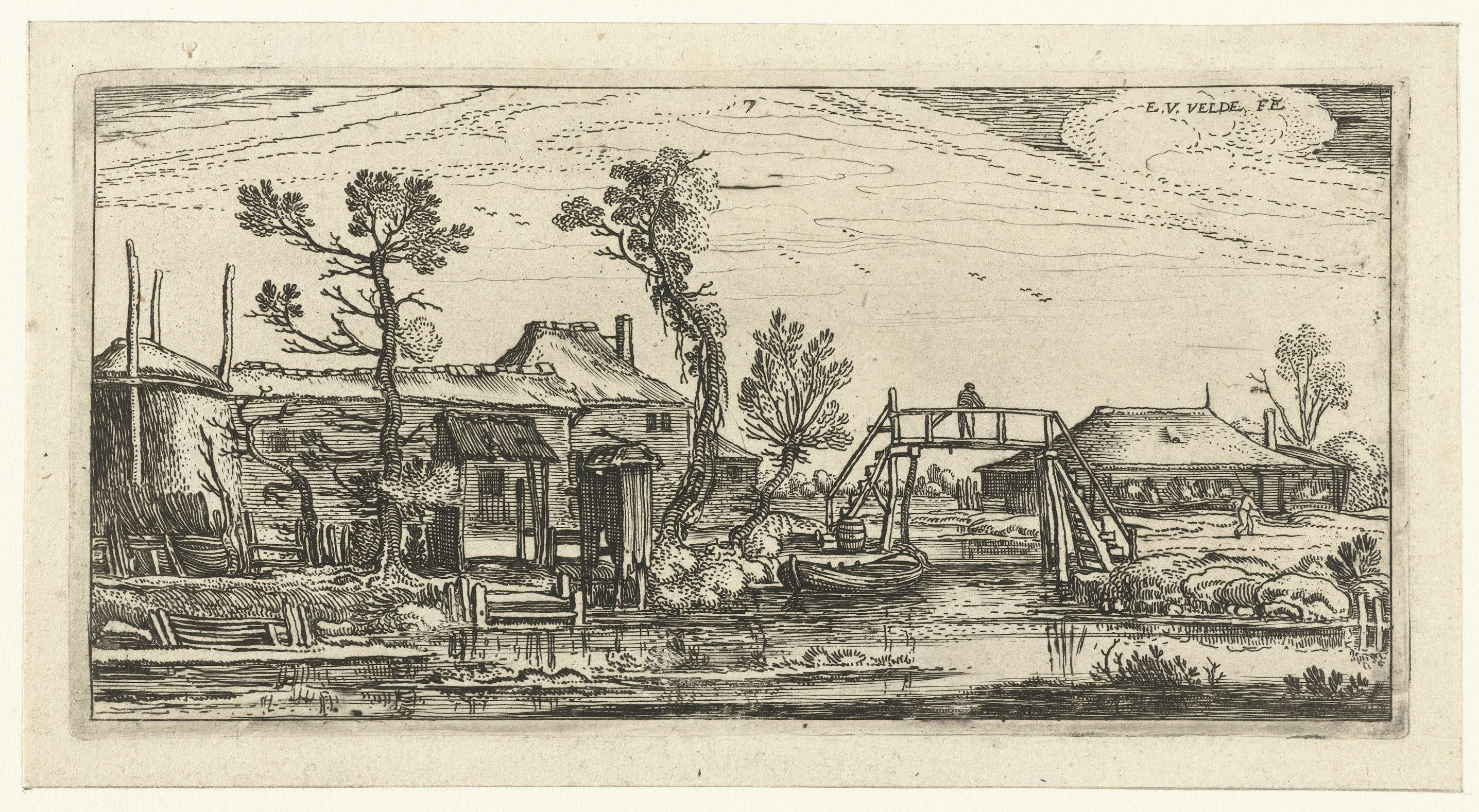 Etching by Esaias van de Velde depicting a farmhouse beside a canal
