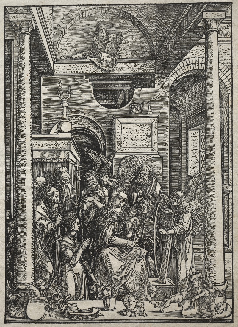 Albrecht Dürer's 'Adoration of the Virgin and Child by Saints and Angels' depicts a serene religious scene.