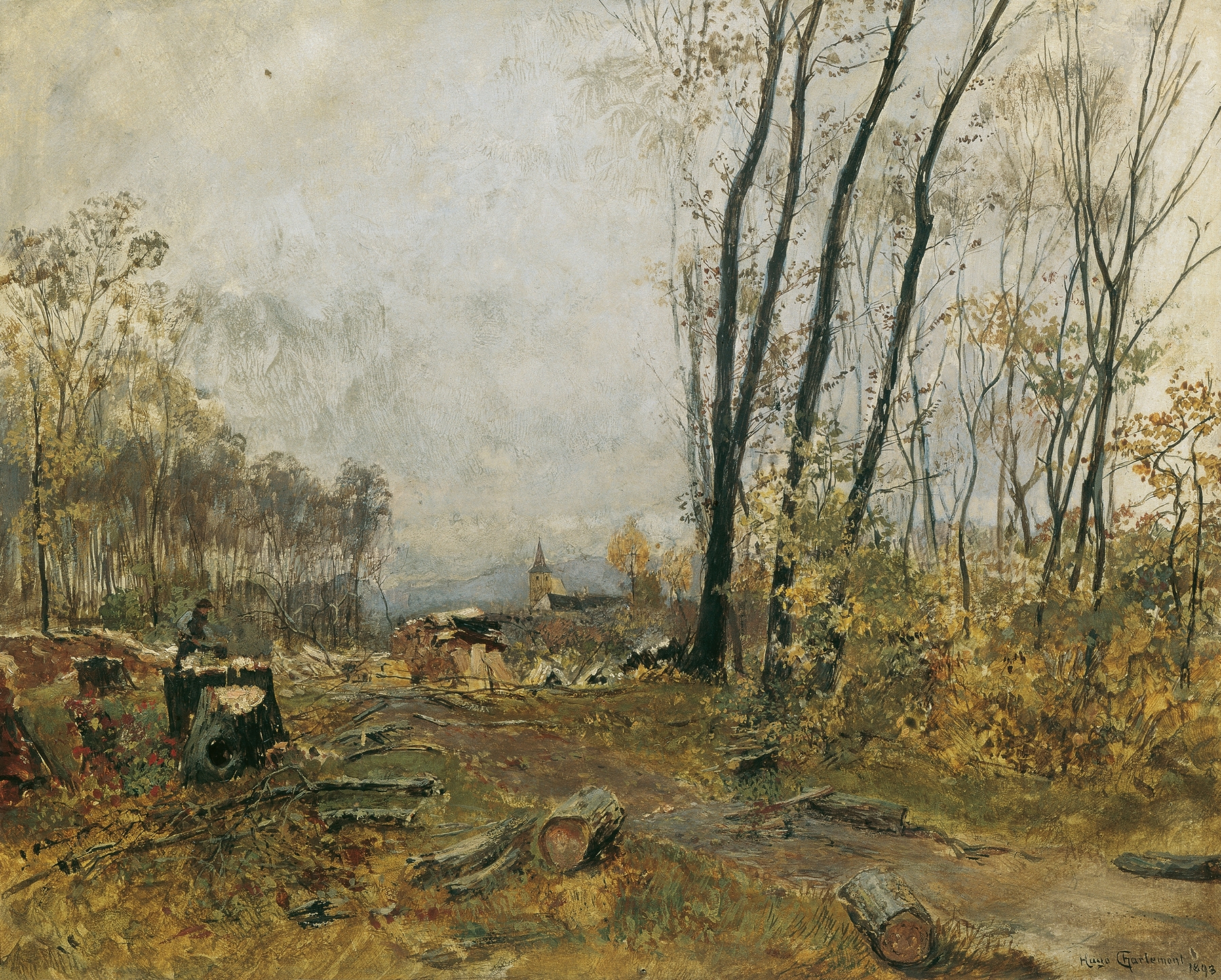 Oil painting by Hugo Charlemont depicting a tranquil riverbank with dappled sunlight.