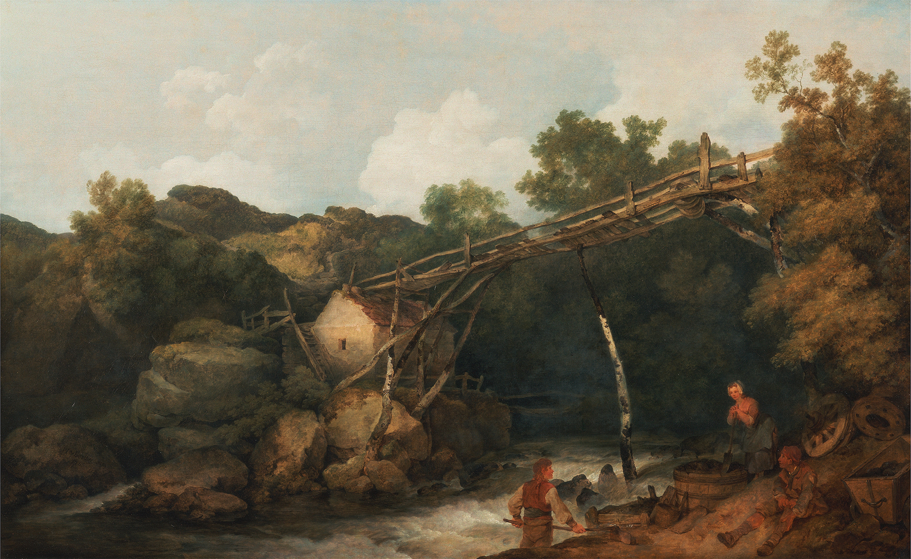 A View near Matlock, Derbyshire, oil painting by Philip James de Loutherbourg showing figures working under a wooden conveyor