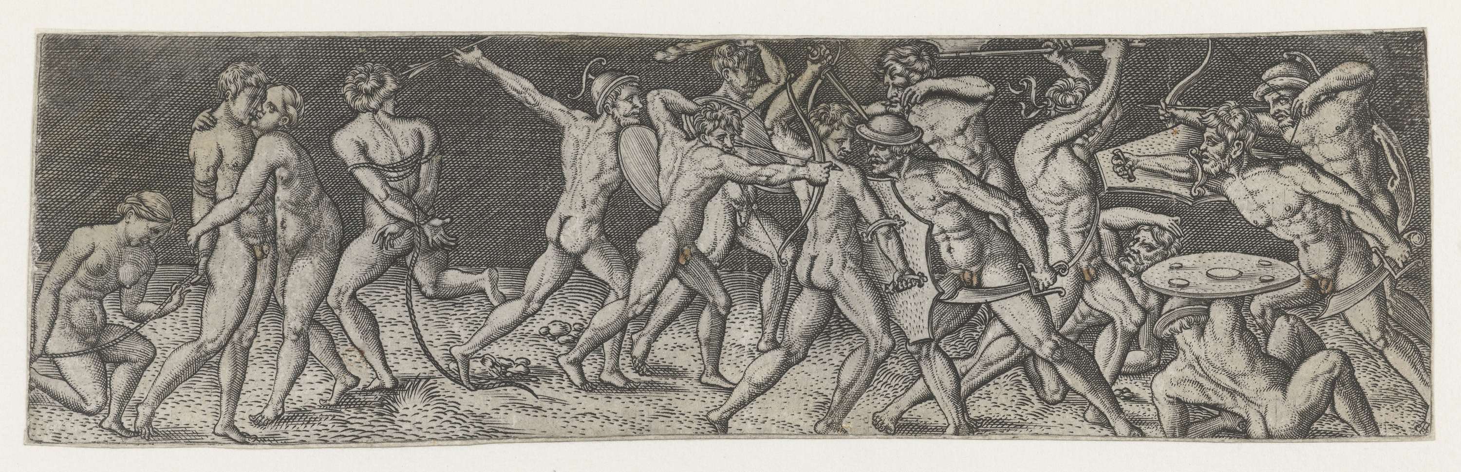 Engraving by Monogrammist AC depicting a chaotic battle between armored soldiers