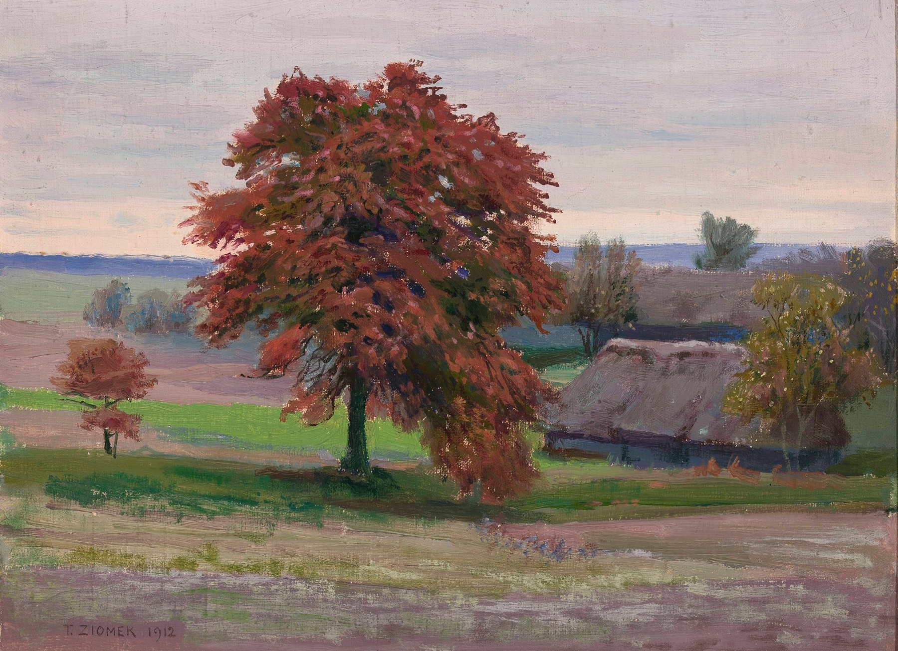 Wild pear tree in oil on canvas by Teodor Ziomek, featuring lush foliage and dappled sunlight.