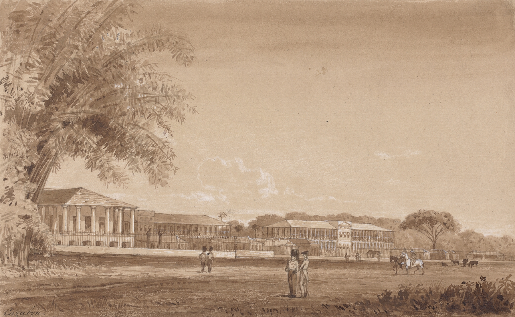 St. James Barracks by Michel Jean Cazabon, oil painting depicting a symmetrical building under sunlight.