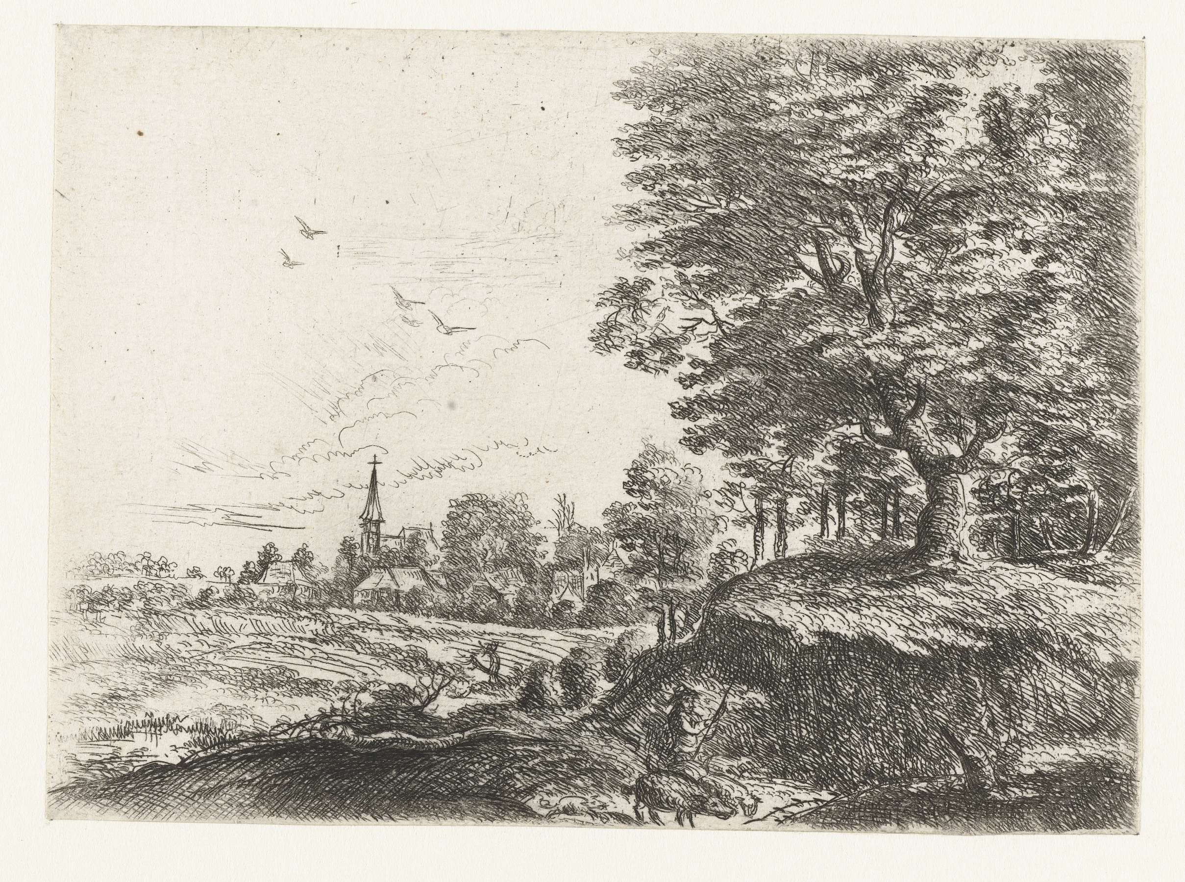 Landschap met een man met varkens, etching by Philips Augustijn Immenraet